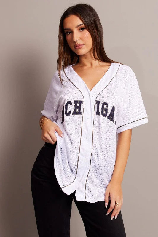 White Graphic Tie Up Top Short Sleeve Mesh