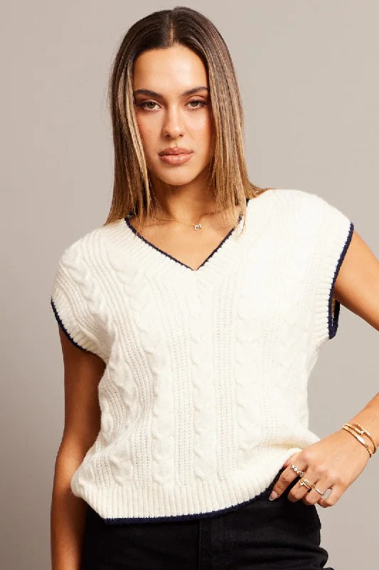 White Knit Vest V Neck