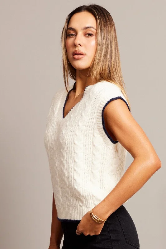 White Knit Vest V Neck