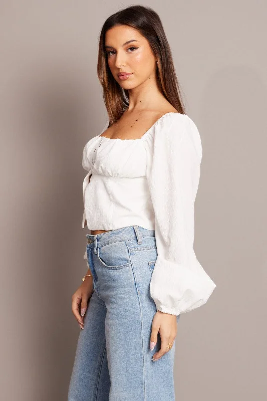 White Top Long Sleeve Square Neck Ruched Bust