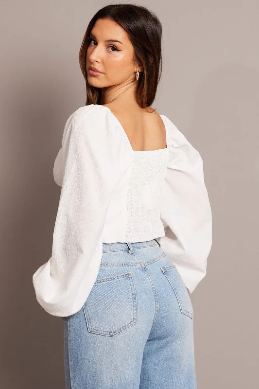 White Top Long Sleeve Square Neck Ruched Bust