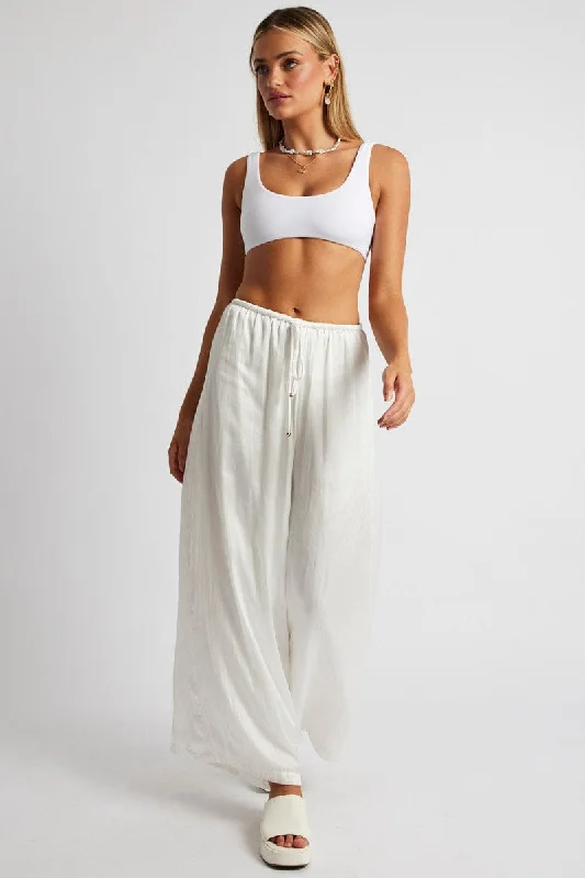 White Wide Leg Pants High Rise Satin