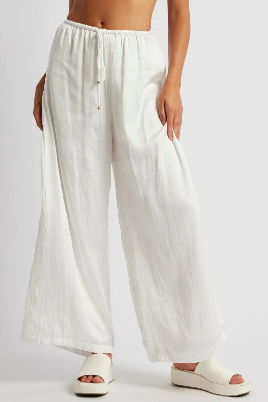 White Wide Leg Pants High Rise Satin