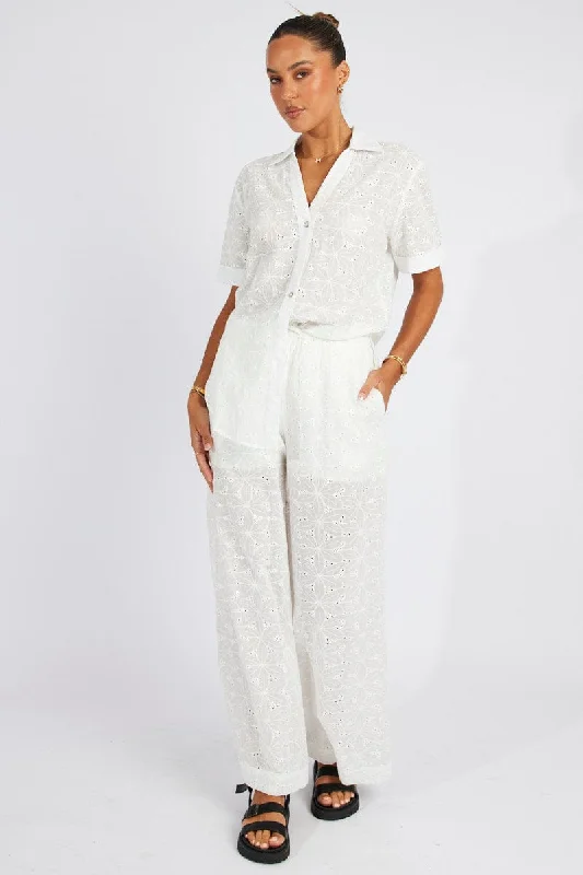 White Wide Leg Pants Mid Rise Eyelet