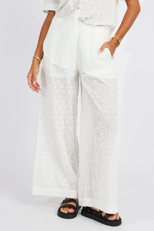 White Wide Leg Pants Mid Rise Eyelet