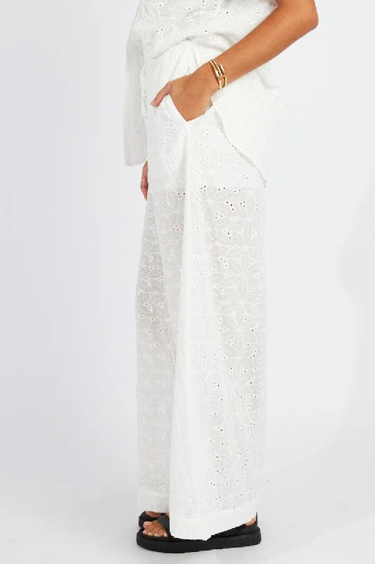 White Wide Leg Pants Mid Rise Eyelet