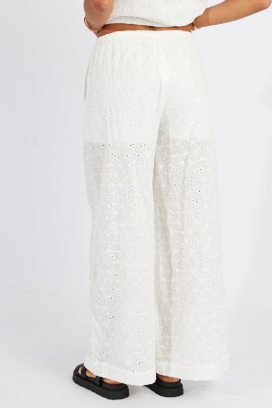 White Wide Leg Pants Mid Rise Eyelet