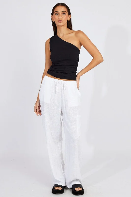 White Wide Leg Pants Mid Rise Linen Blend