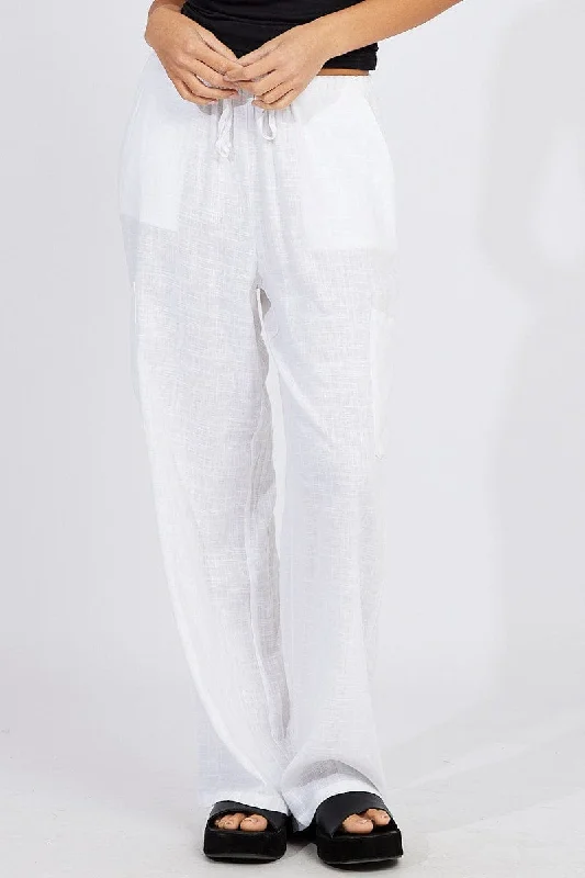 White Wide Leg Pants Mid Rise Linen Blend