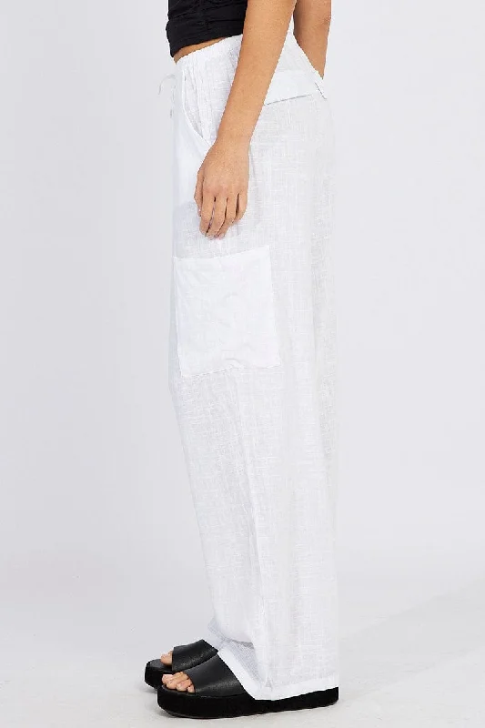 White Wide Leg Pants Mid Rise Linen Blend