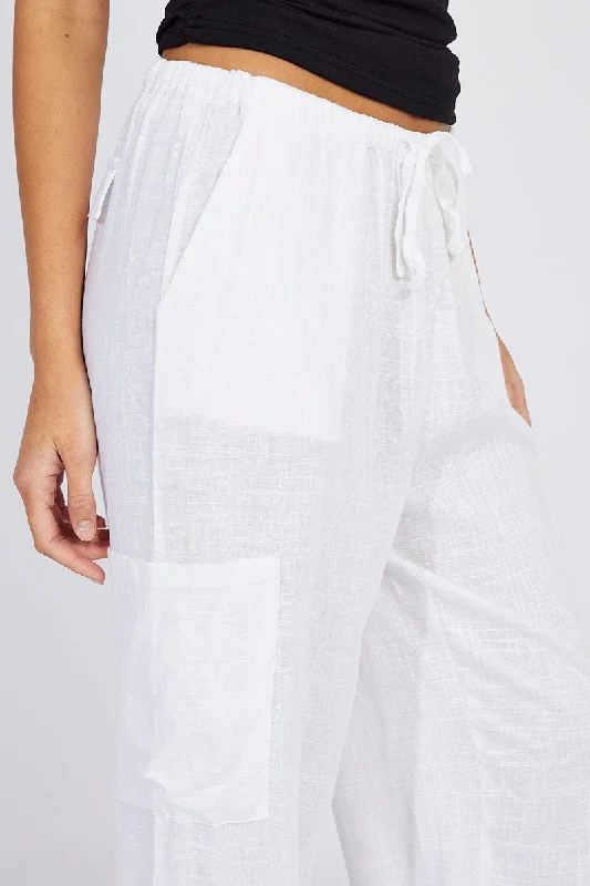 White Wide Leg Pants Mid Rise Linen Blend