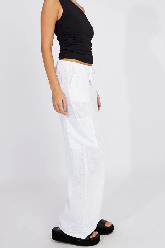 White Wide Leg Pants Mid Rise Linen Blend