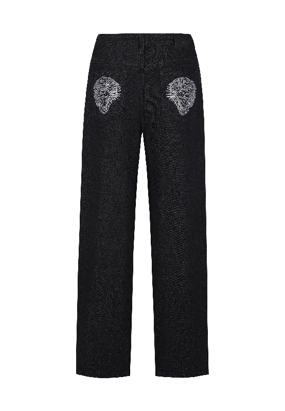 Womens Crystal Roar Diamante Relaxed Denim Trousers Jeans - Black