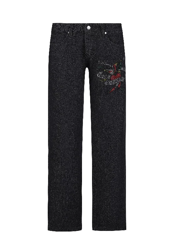 Womens True Death Diamante Straight Denim Trousers Jeans - Black