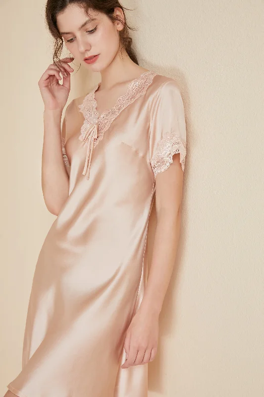 Slim Fit Lace Silk Nightgown with short sleeve