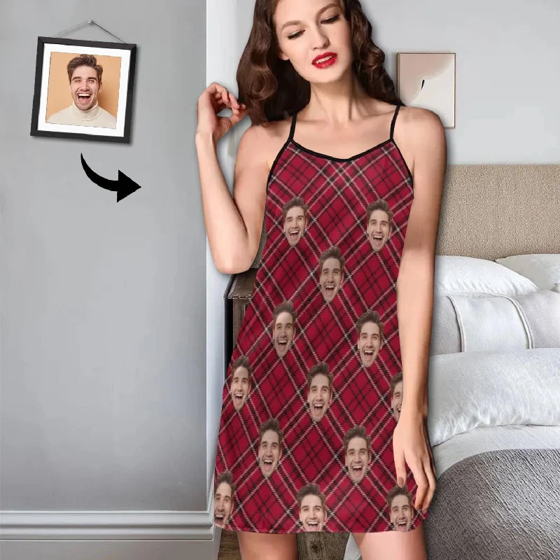 Custom Face Pajama Dress Red Lattice Personalized Nightshirt with Photo On Them for Women