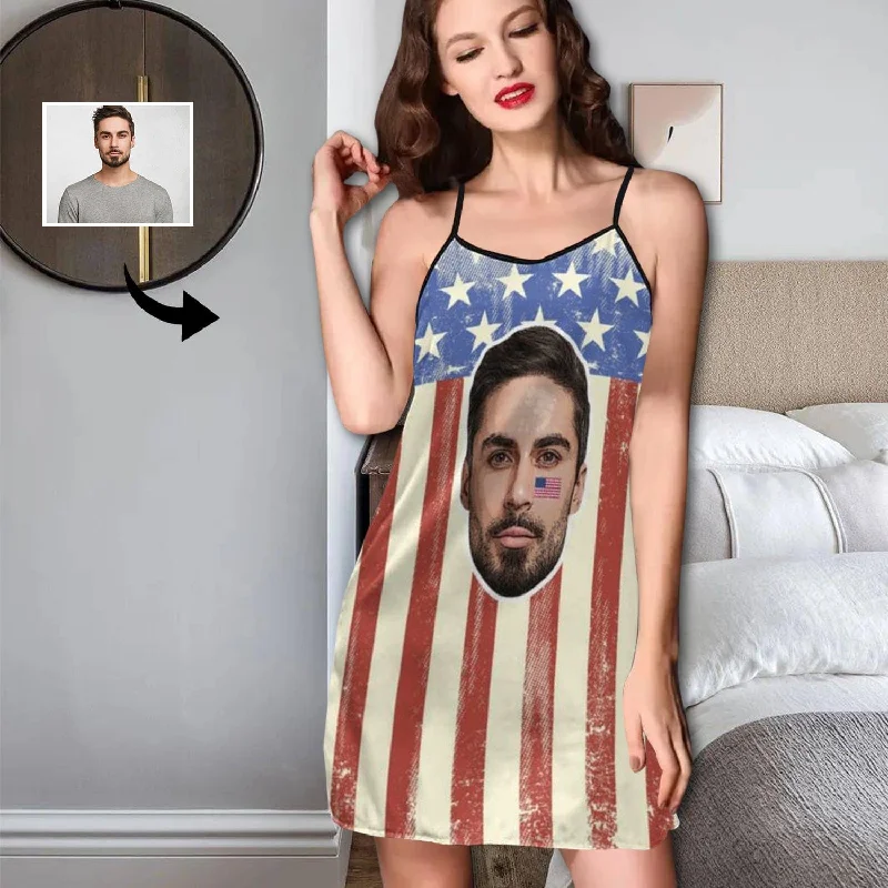 Custom Face Pajama Dress US Flag Personalized Nightshirt with Photo On Them for Women