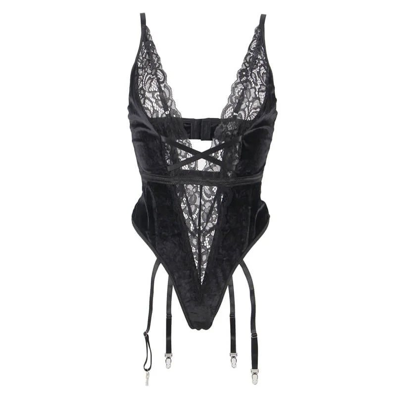 Elegant Velvet Black Lace Teddy Bodysuit with Garter Detail